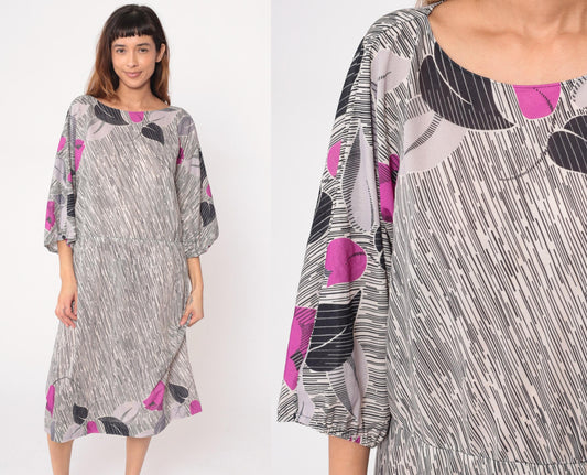 70s Abstract Maxi Dress Purple Grey Black Line Pattern Three Quarter Sleeve Extra Large
