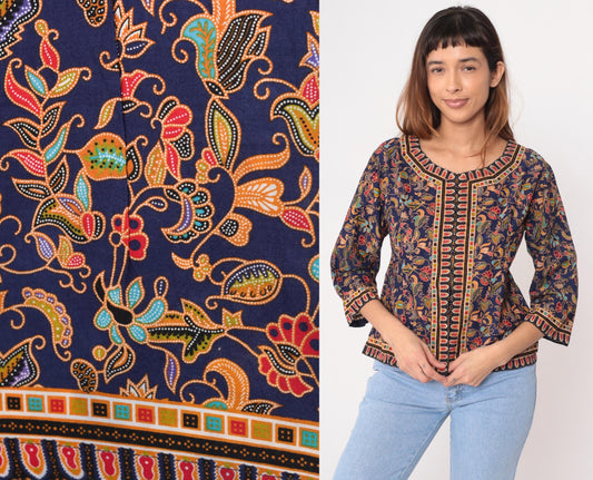 90s Navy Floral Paisley Cotton Blouse Geometric Trim Three Quarter Sleeve Small S