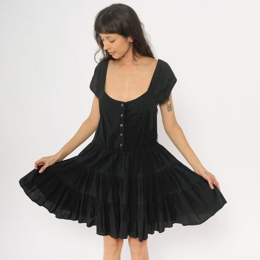 90s Black Cotton Prairie Mini Dress Tiered Skirt Cap Sleeve Medium