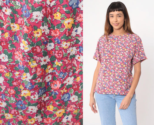 90s Liz Sport Petites Floral Blouse Pink Yellow Blue Rayon Short Sleeve Small S