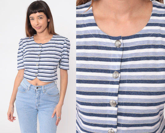 80s Striped Crop Top Puff Sleeve Button Front Navy Blue White Medium