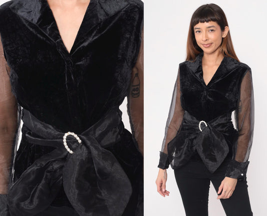 90s Black Crushed Velvet Blouse Sheer Organza Sleeves Tie Waist Medium