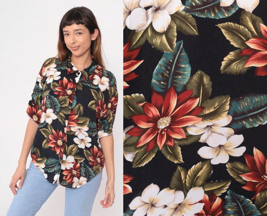 90s Black Hawaiian Shirt Tropical Floral Plumeria Rayon Blouse Medium M