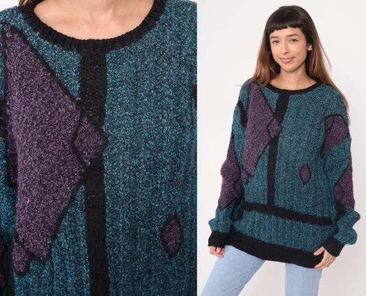 90s Geometric Knit Sweater Teal Purple Black Angular Pattern Crewneck Medium M