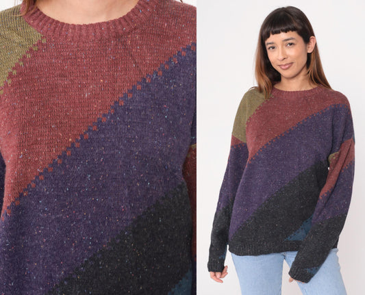 80s Method Colorblock Geometric Knit Sweater Crew Neck Large L