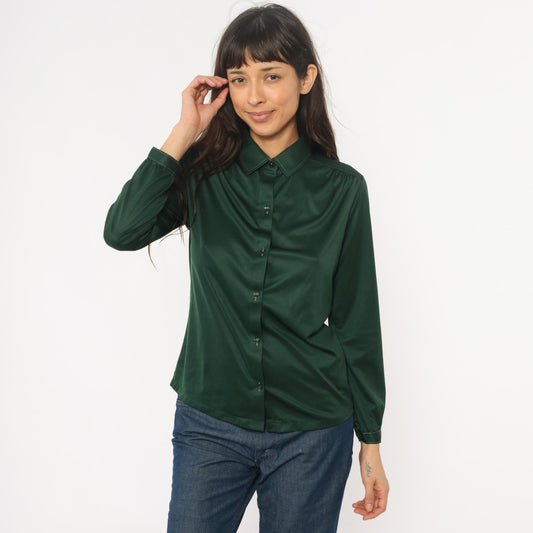 70s Forest Green Button-Front Blouse Long Sleeve Pointed Collar Medium M
