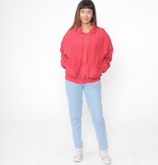 90s Javon Red Silk Bomber Jacket Quilted Zip Front Medium M