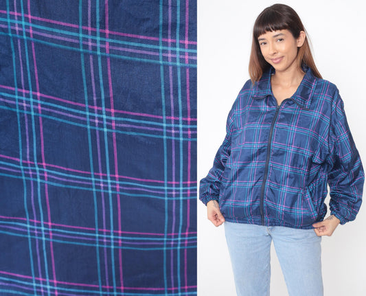 90s Pro Spirit Plaid Windbreaker Navy Blue Pink Turquoise Medium