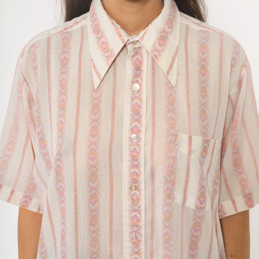 70s Campus Pink Striped Paisley Button-Down Blouse Pointed Collar Large L