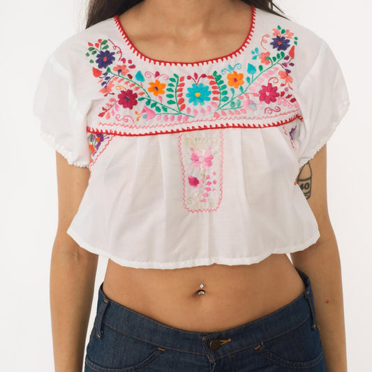 90s Mexican Embroidered Crop Top White Cotton Floral Huipil Small
