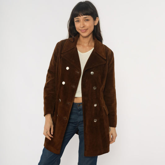 70s Chocolate Brown Corduroy Coat Double Breasted Knee Length Fleece Lined Medium