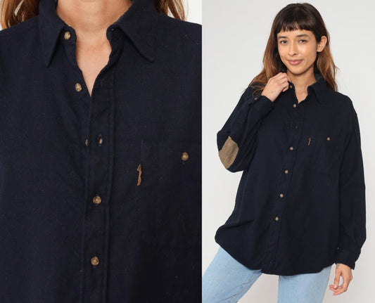 Y2K Pendleton Wool Shirt Navy Blue Suede Elbow Patches Collared Large L