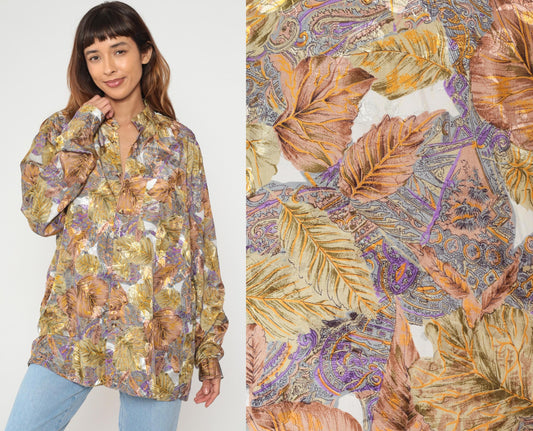 80s Leaf Paisley Button Blouse Purple Gold Brown Cream Extra Large XL