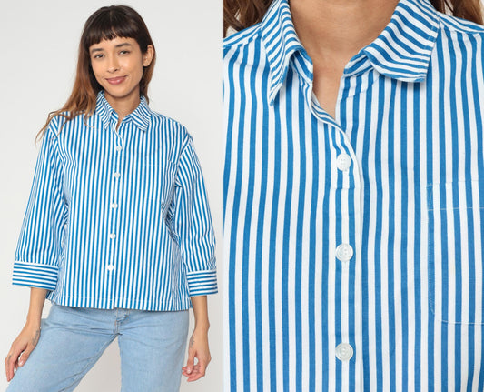 Y2K Norm Thompson Blue White Striped Cotton Blouse Cropped Large L