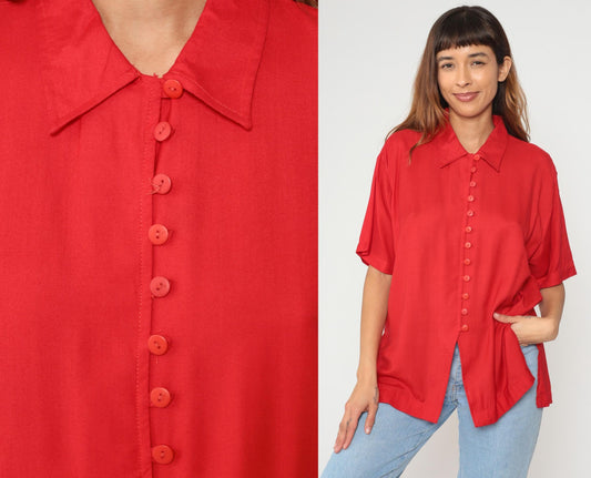 90s Rhythms Red Rayon Button-Up Shirt Pointed Collar Short Sleeve Medium M