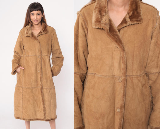 Y2K St Johns Bay Tan Faux Shearling Coat Fur-Trimmed Collar Petite Large