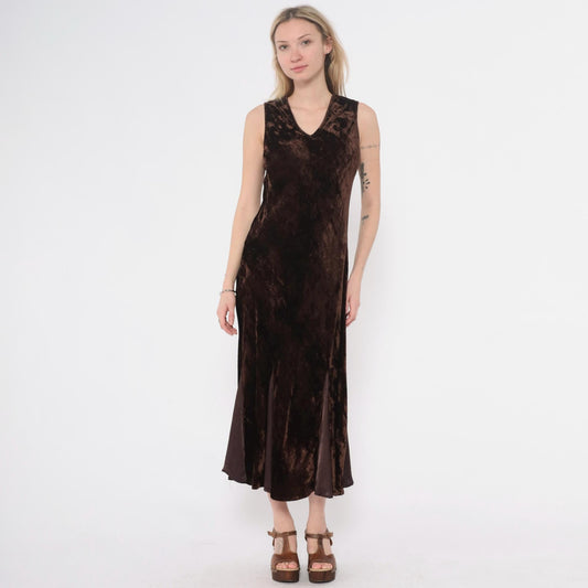 90s April Cornell Velvet Maxi Dress Brown V-Neck Sleeveless Small S