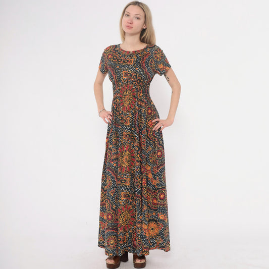 70s Psychedelic Maxi Dress Paisley Floral Navy Orange Red Yellow Small