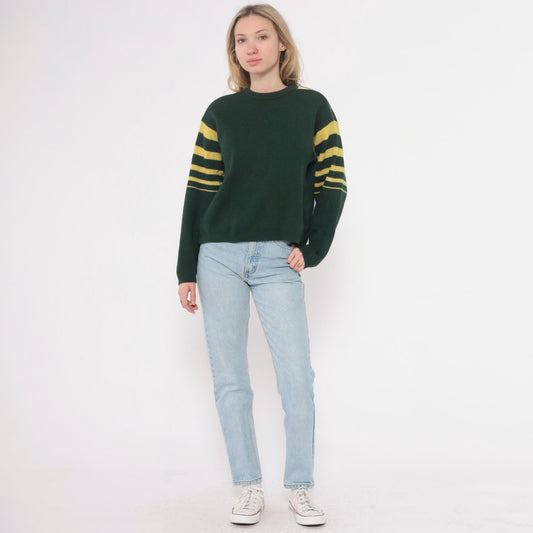 70s Norvyk by Renoir Wool Sweater Forest Green Striped Sleeves Large