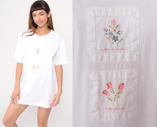 90s Hot Cotton Floral Embroidered White T-shirt V-Neck Medium M