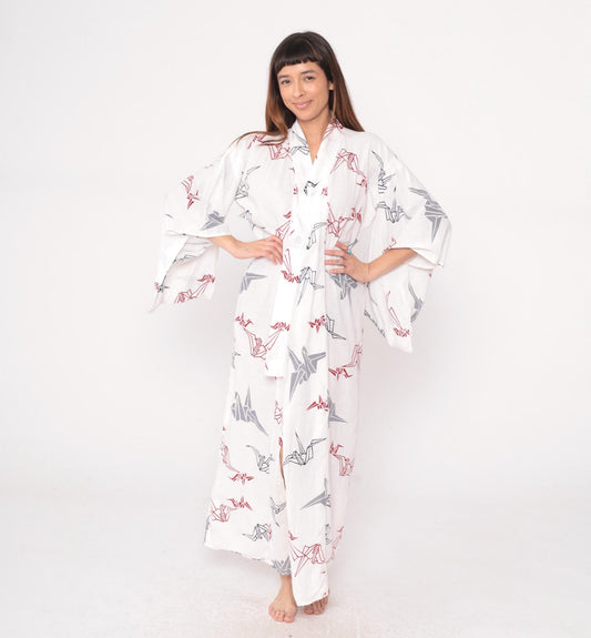 80s White Origami Crane Kimono Robe Maxi Cotton Duster Collared Large
