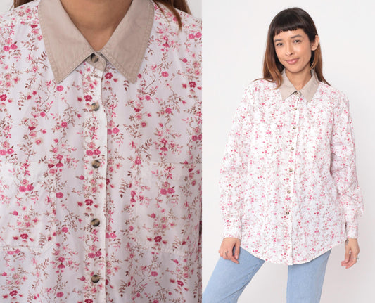 Y2K Cabin Creek Floral Button-Up Blouse White Pink Tan Collar Plus Size XXL
