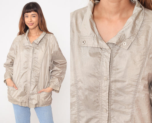 90s Haband Beige Nylon Windbreaker Jacket Snap Button Collar Large