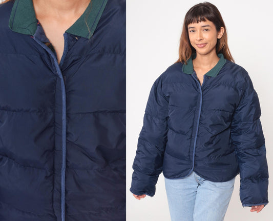 90s GM Down Puffer Jacket Navy Blue Teal Collar Quilted Medium M