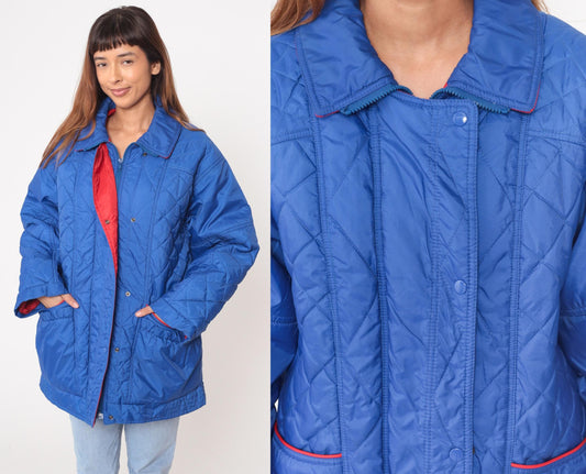 80s Aurora International Blue Quilted Jacket Diamond Pattern Red Lining Medium