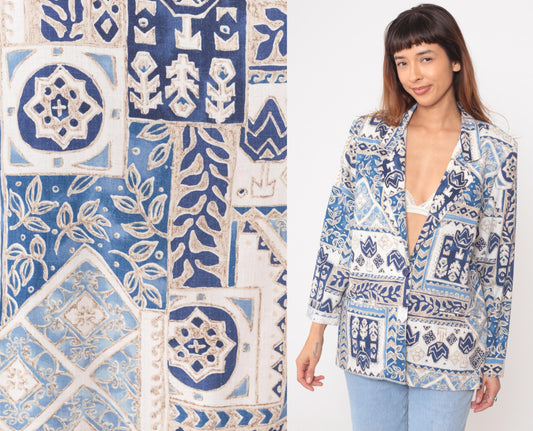 90s Blair Boutique Geometric Tile Blazer Blue White Cotton Medium