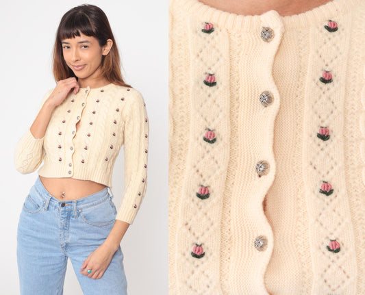 80s Cream Wool Cable Knit Cardigan Embroidered Roses Cropped Extra Small XS