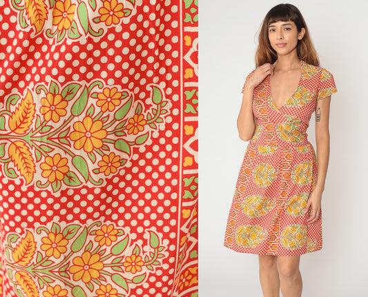 90s Wrap Dress Coral Red Polka Dot Floral Print Cotton V-Neck Medium M
