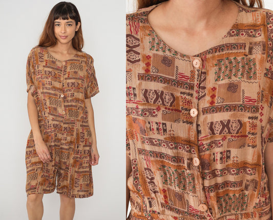 90s Rafael Patchwork Romper Ethnic Print Brown Orange Large L
