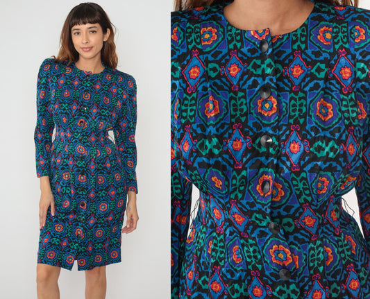 80s Papell Petites Medallion Print Dress Knee Length Geometric Small