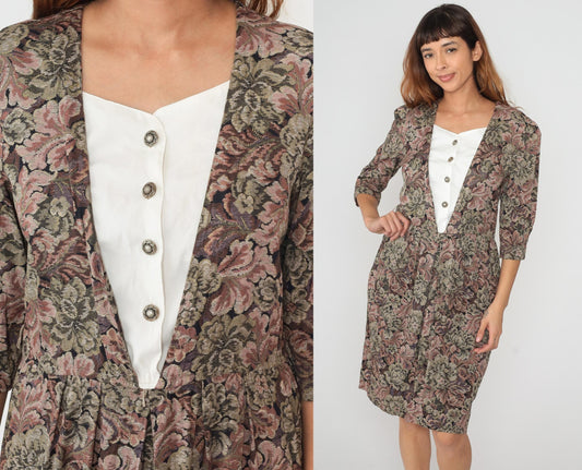 90s Peri Petites Floral Dress White Bib Front Button Gathered Waist Large