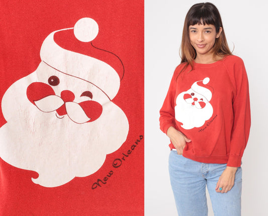 80s Santa Claus New Orleans Red Raglan Sweatshirt Christmas Graphic Medium