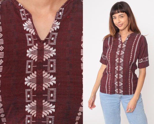 90s Burgundy Embroidered Cotton Blouse V-Neck Geometric Tribal Pattern Small