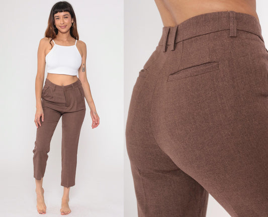 Y2K Brown Pleated Cropped Trousers Straight Leg High Waist Medium M