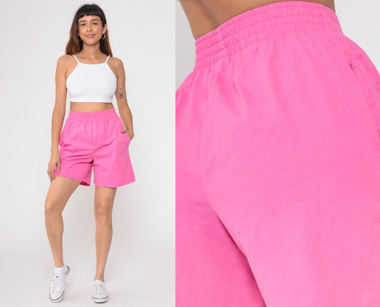 90s Hot Pink Cotton Shorts High Rise Bermuda Elastic Waist Medium