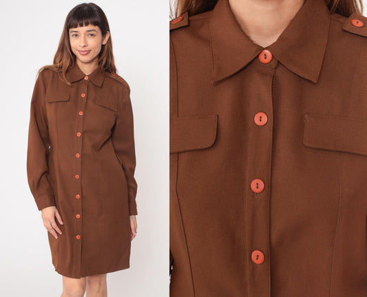 80s JRT Brown Shirt Dress Knee Length Collar Pockets Medium