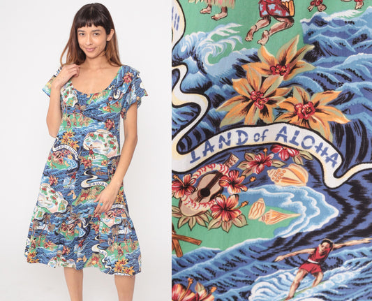 Y2K Hilo Hattie Hawaiian Midi Dress Blue Ocean Wave Print Small