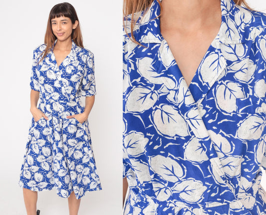 80s Darian Blue White Floral Midi Wrap Dress Collared V-Neck Medium