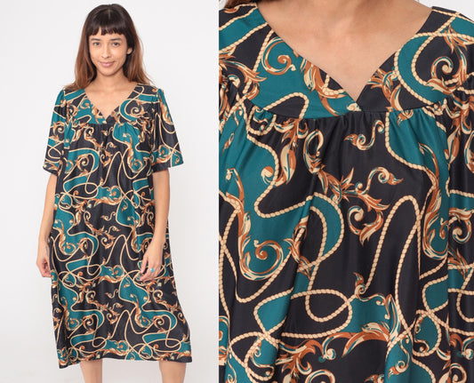 Y2K Anthony Richards Paisley Scroll Dress Teal Black Kimono Sleeve Plus Size XXL