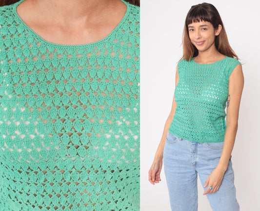 70s Turquoise Crochet Knit Sleeveless Tank Top Open Stitch Small