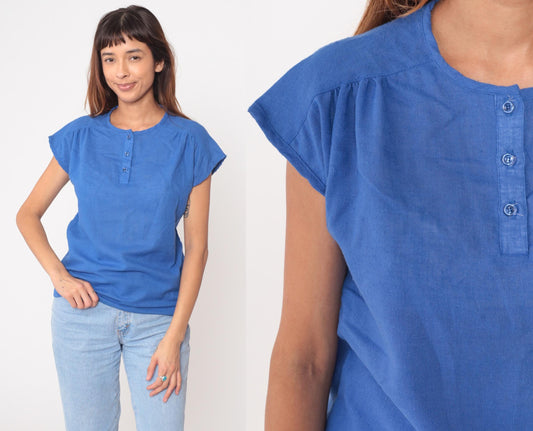 80s Catalina Cotton Blue Button Blouse Gathered Yoke Cap Sleeves Medium