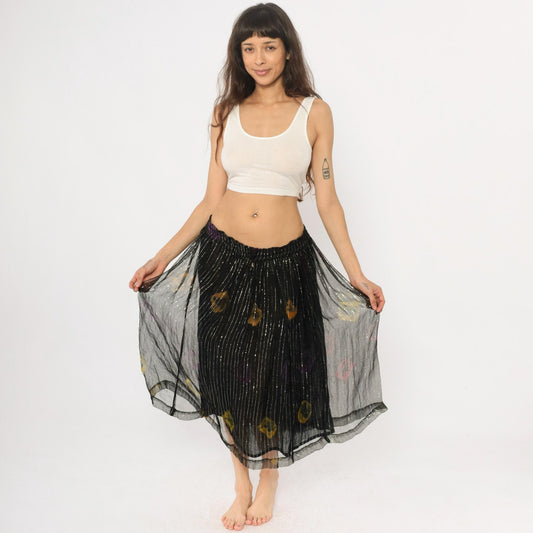 90s Black Floral Midi Skirt Metallic Pinstripe Sheer Overlay Medium