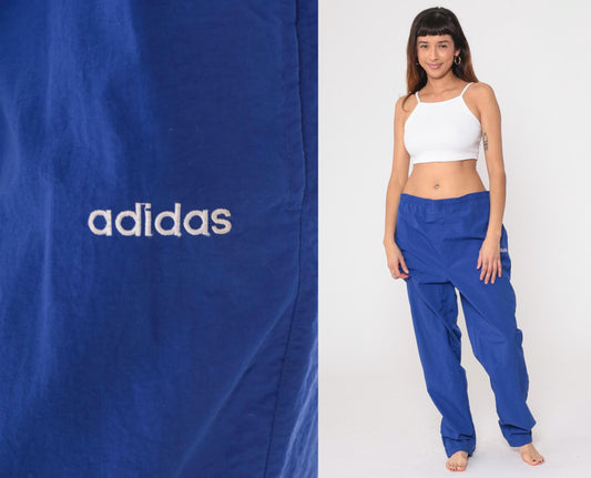 90s Adidas Royal Blue Track Pants Nylon Windbreaker Elastic Waist Large L