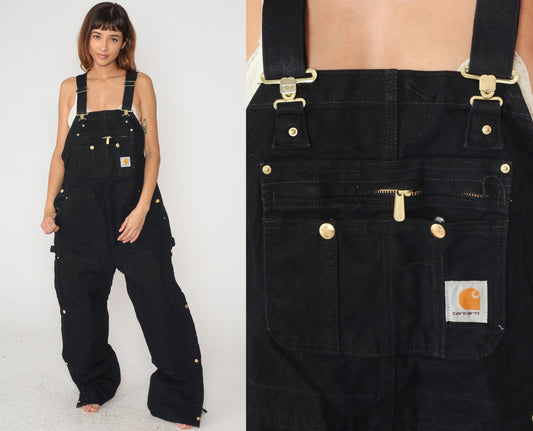 90s Carhartt Black Insulated Bib Overalls Double Knee Workwear Extra Large