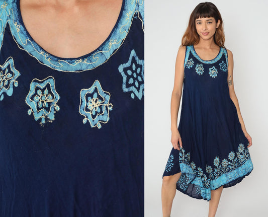 Y2K Navy Blue Floral Embroidered Tank Dress Asymmetrical Hem One Size