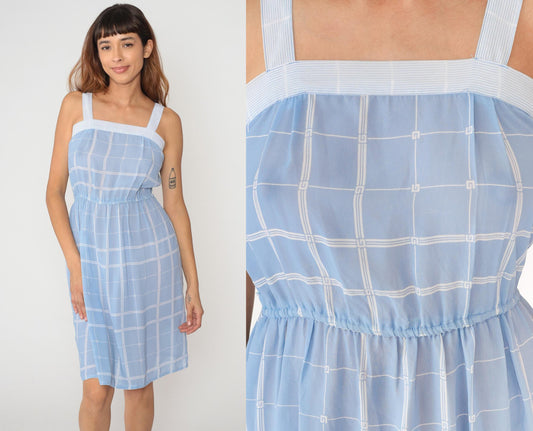80s Light Blue Windowpane Check Sundress Square Neck Spaghetti Straps Small